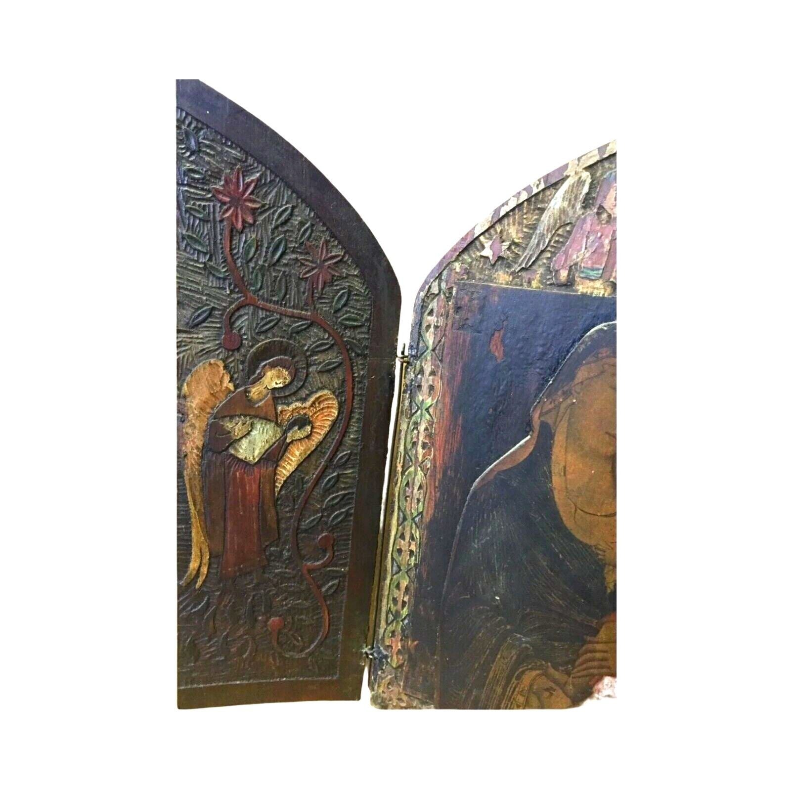 Antique Russian Christian Orthodox Triptych Icon Mother Virgin Madonna Jesus