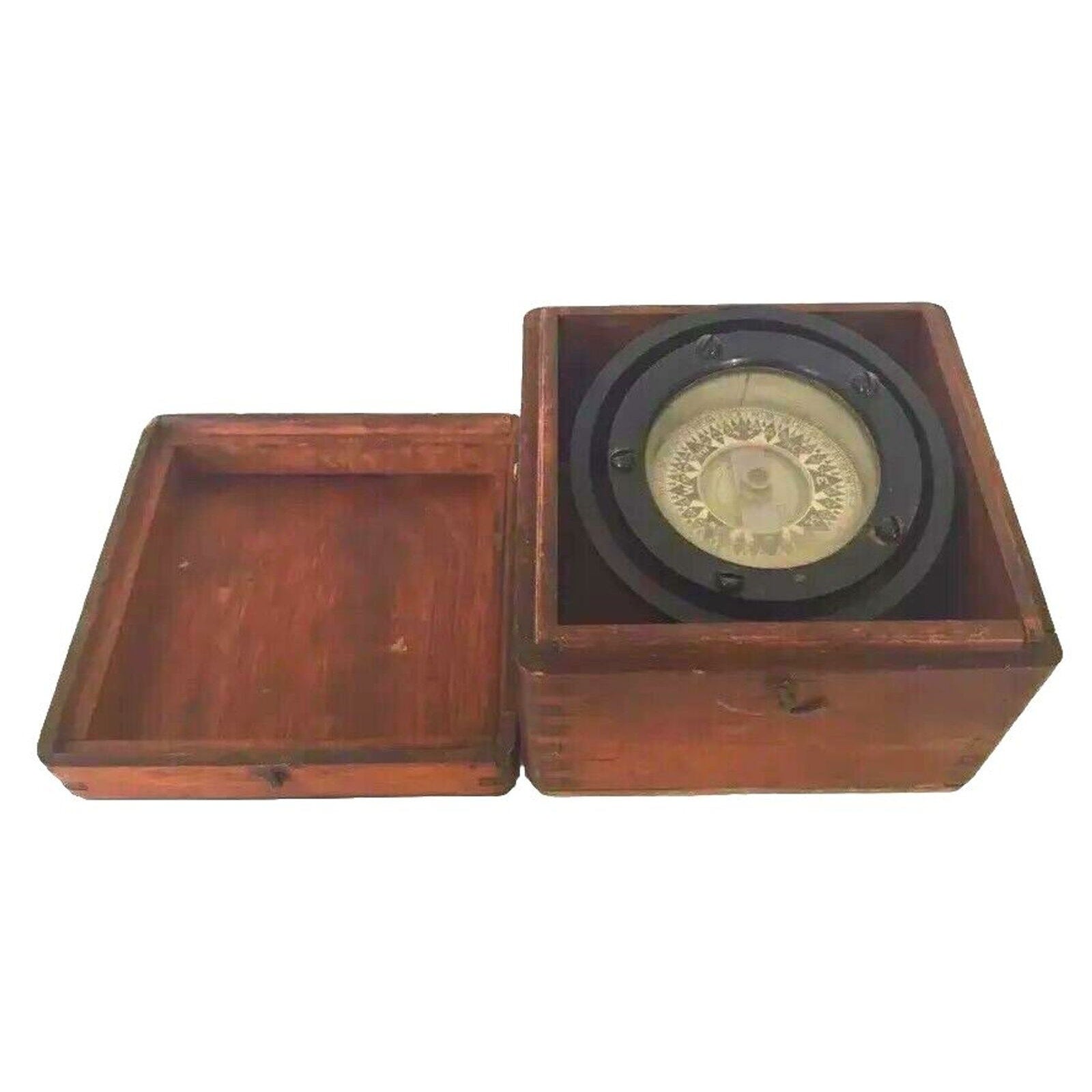 Antique Compass Usa Ship Maritime Nautical Wood Bronze Enamel