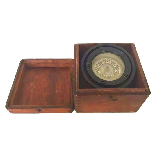 Antique Compass Usa Ship Maritime Nautical Wood Bronze Enamel