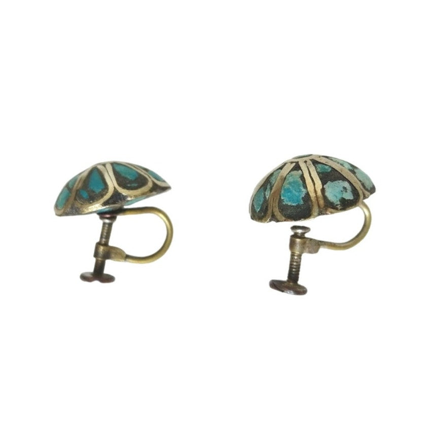 Antique Art Deco Inlaid Turquoise Domed Button Earrings Screw Back
