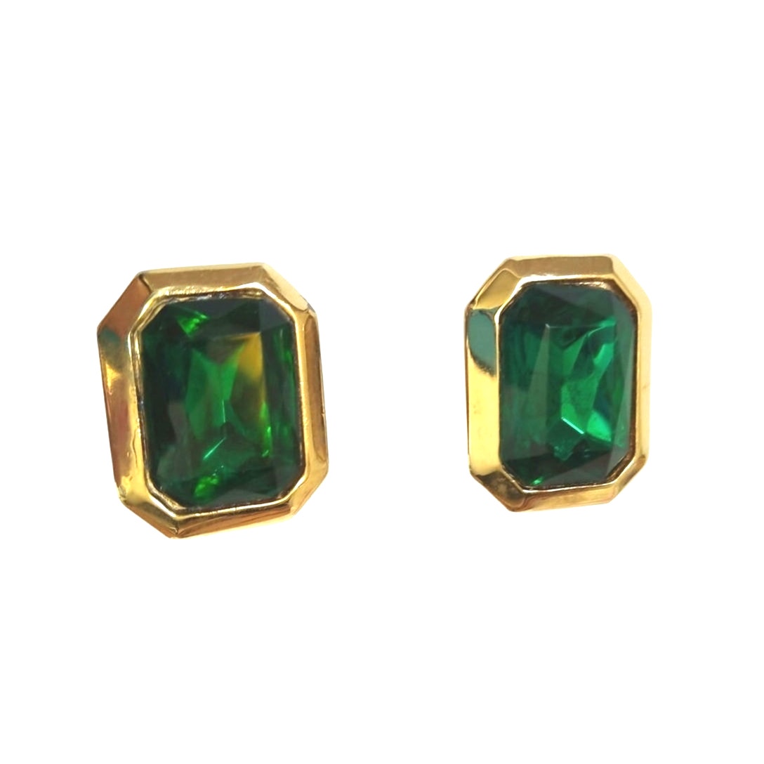 Vintage Cushion Cut Emerald Green Crystal Stud Earrings Yellow Gold Plated Clip