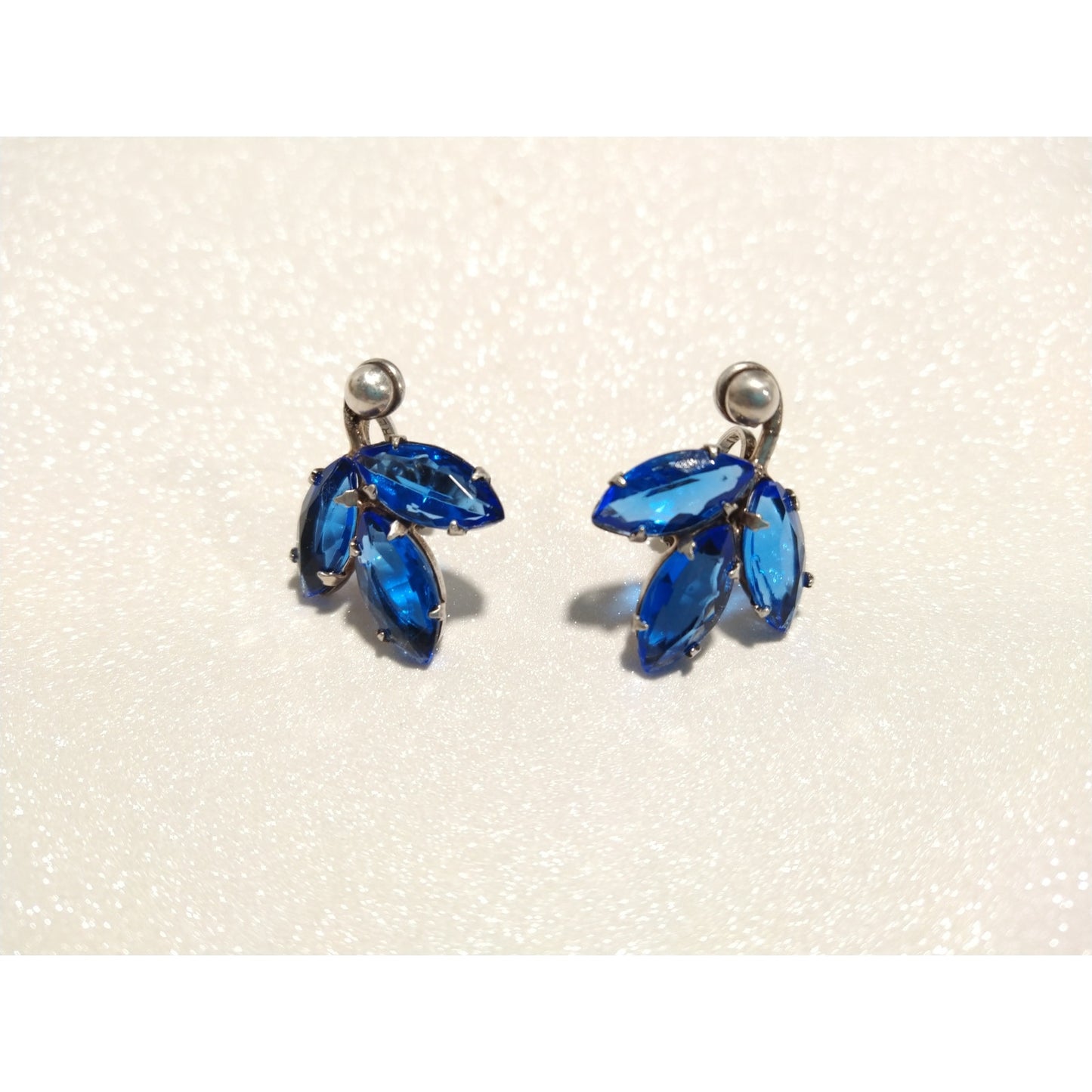 Vintage Blue Crystal Marquise Cut Solid Sterling Silver 925 Stud Earrings