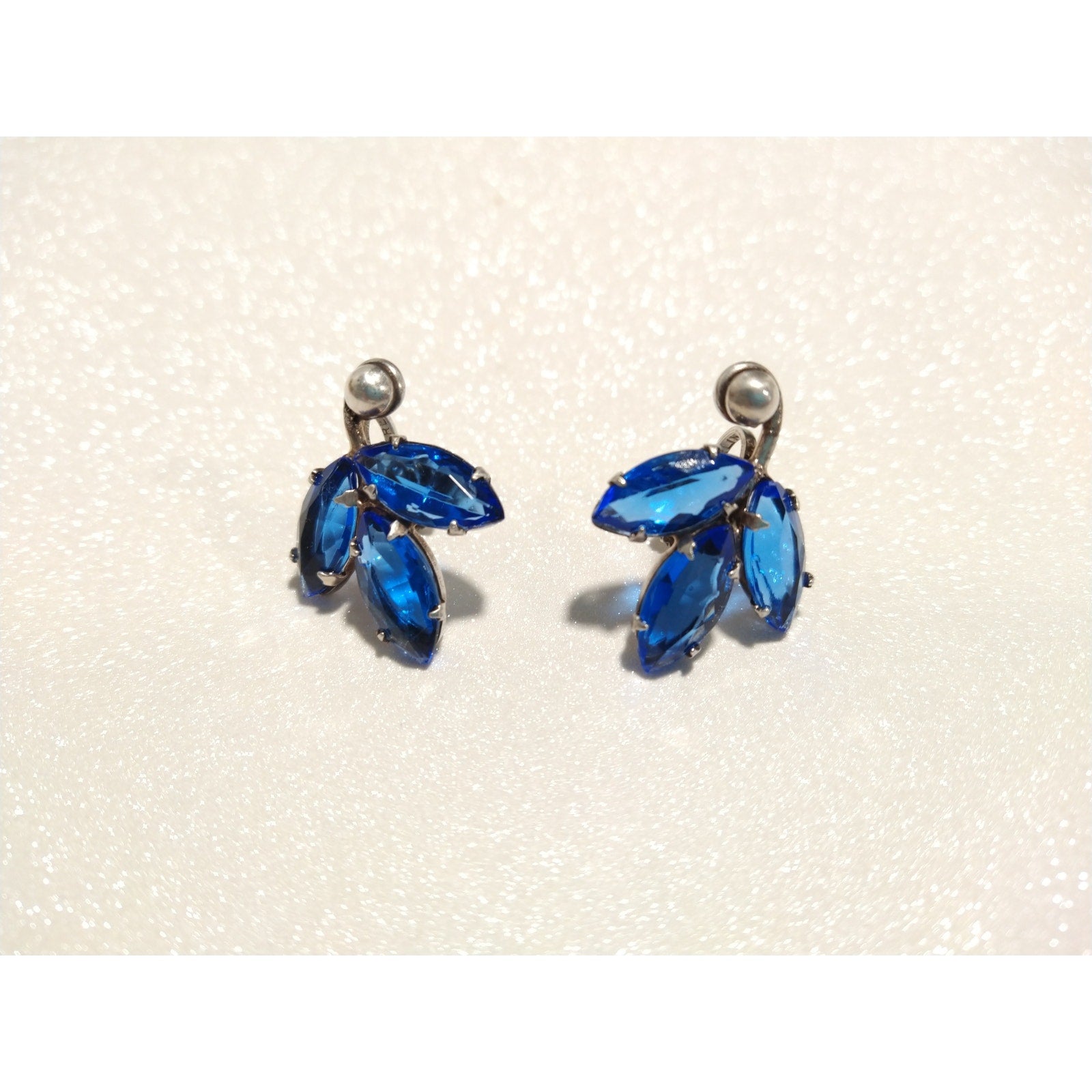 Vintage Blue Crystal Marquise Cut Solid Sterling Silver 925 Stud Earrings