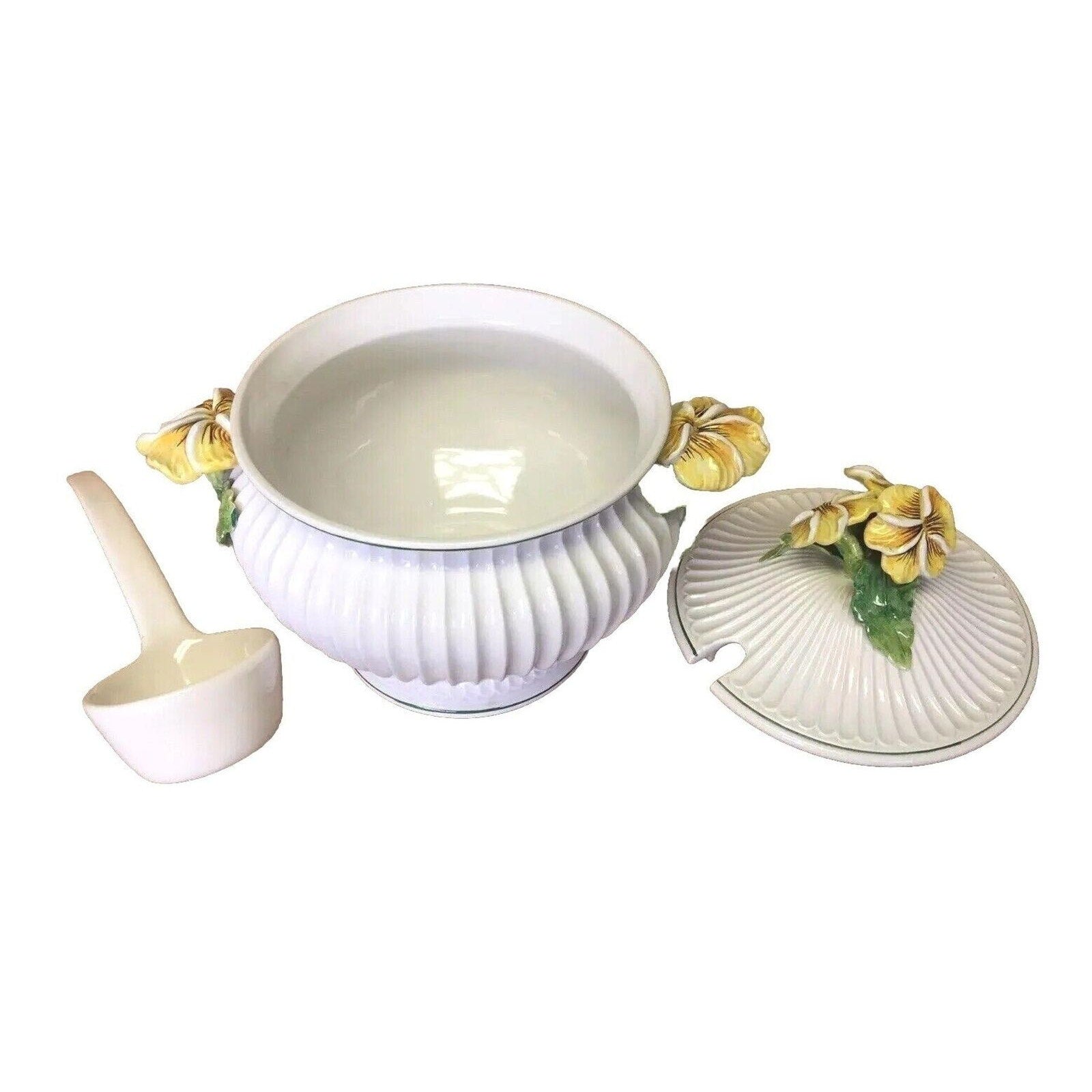 Antique Majolica White Glazed Porcelain Italy Soup Bowl With Spoon