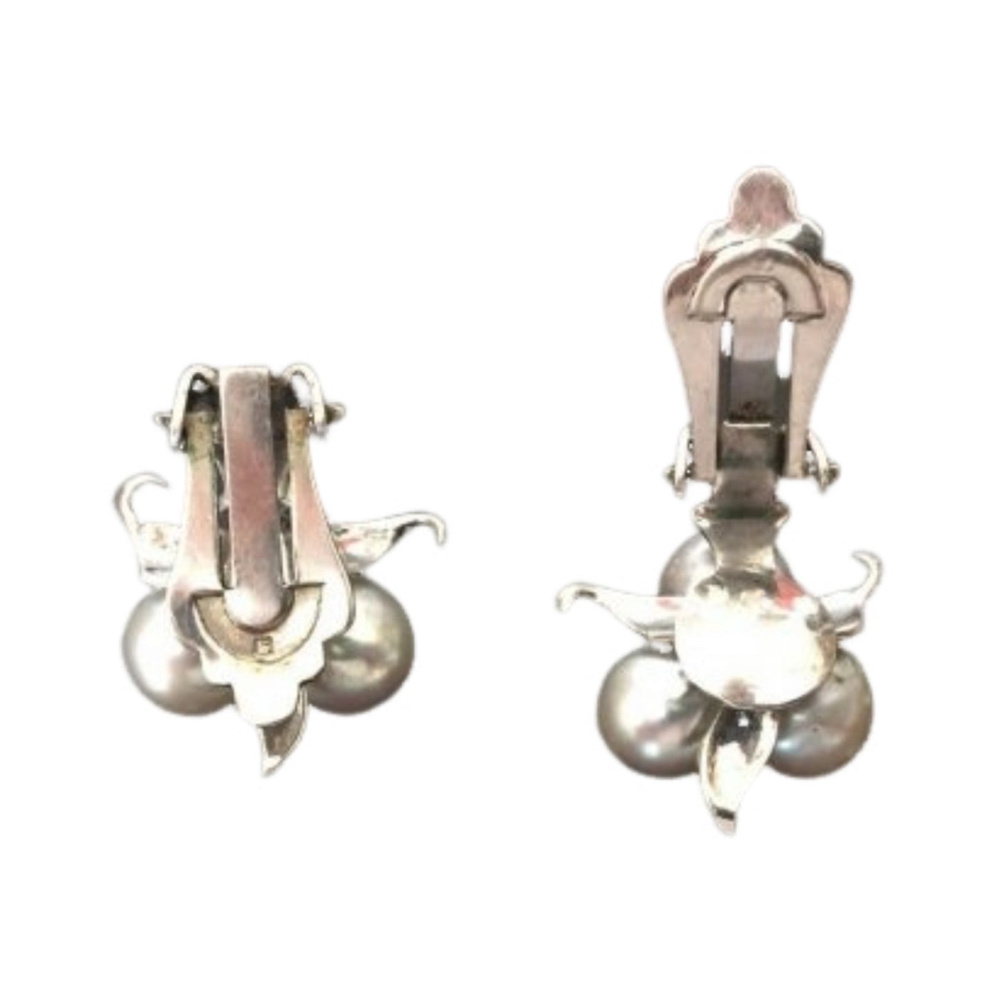 Antique Natural 3 Pearls Stud Earrings Sterling Silver 925 Clip On Designer