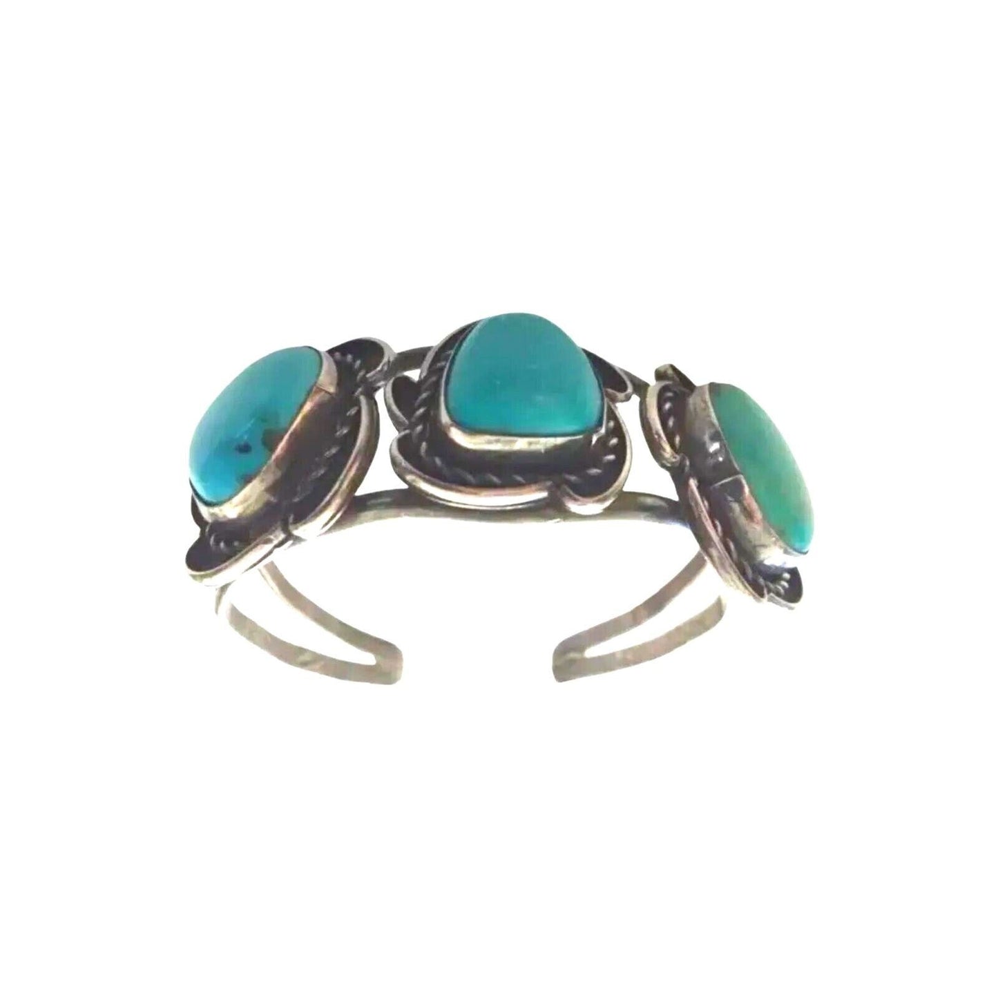 Vintage Navajo Native Indian Cuff Bracelet: Sterling Silver 3 Blue Turquoises