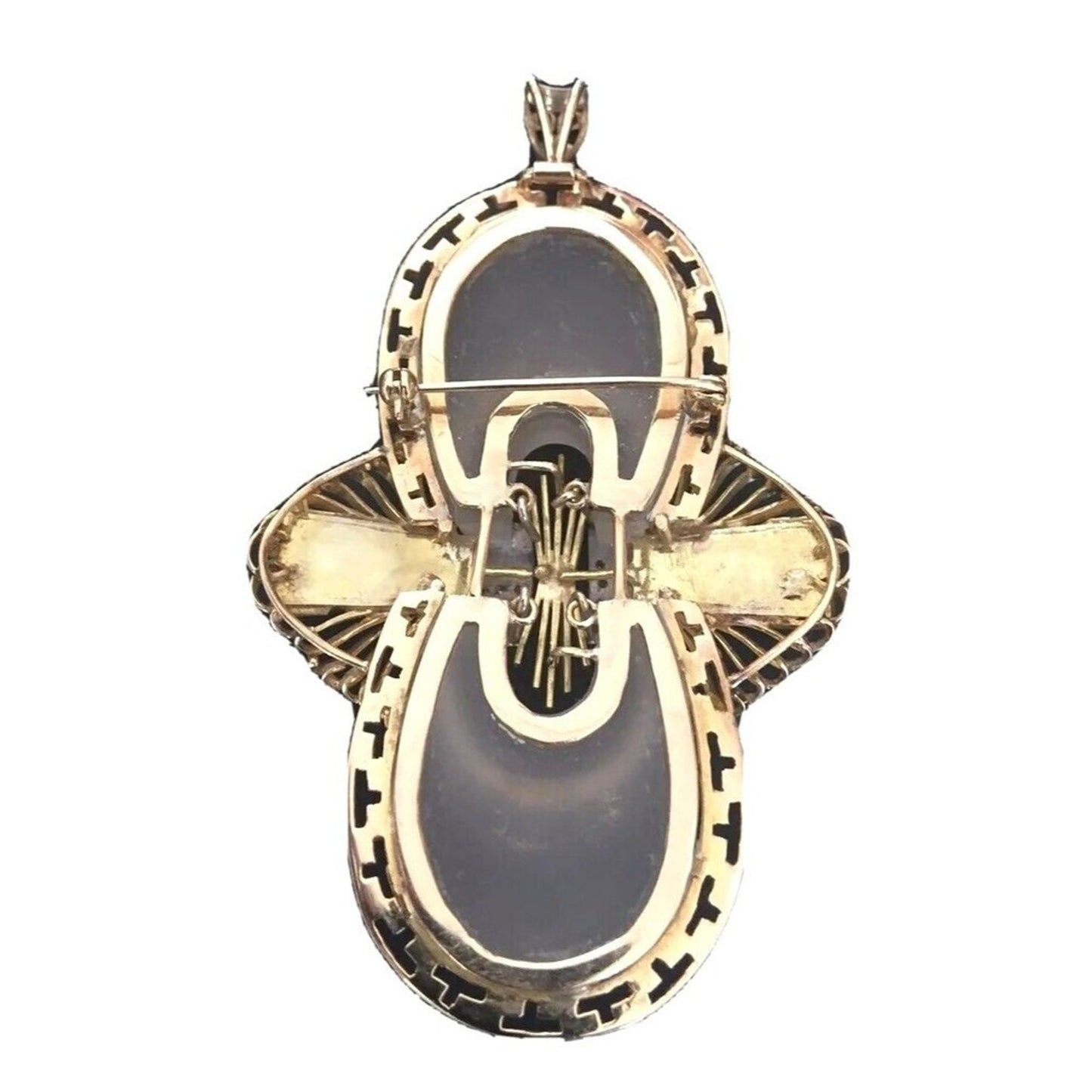 Pendant Brooch 585/14K Yellow Gold White Quartz Lapis Lazuli Diamonds Antique