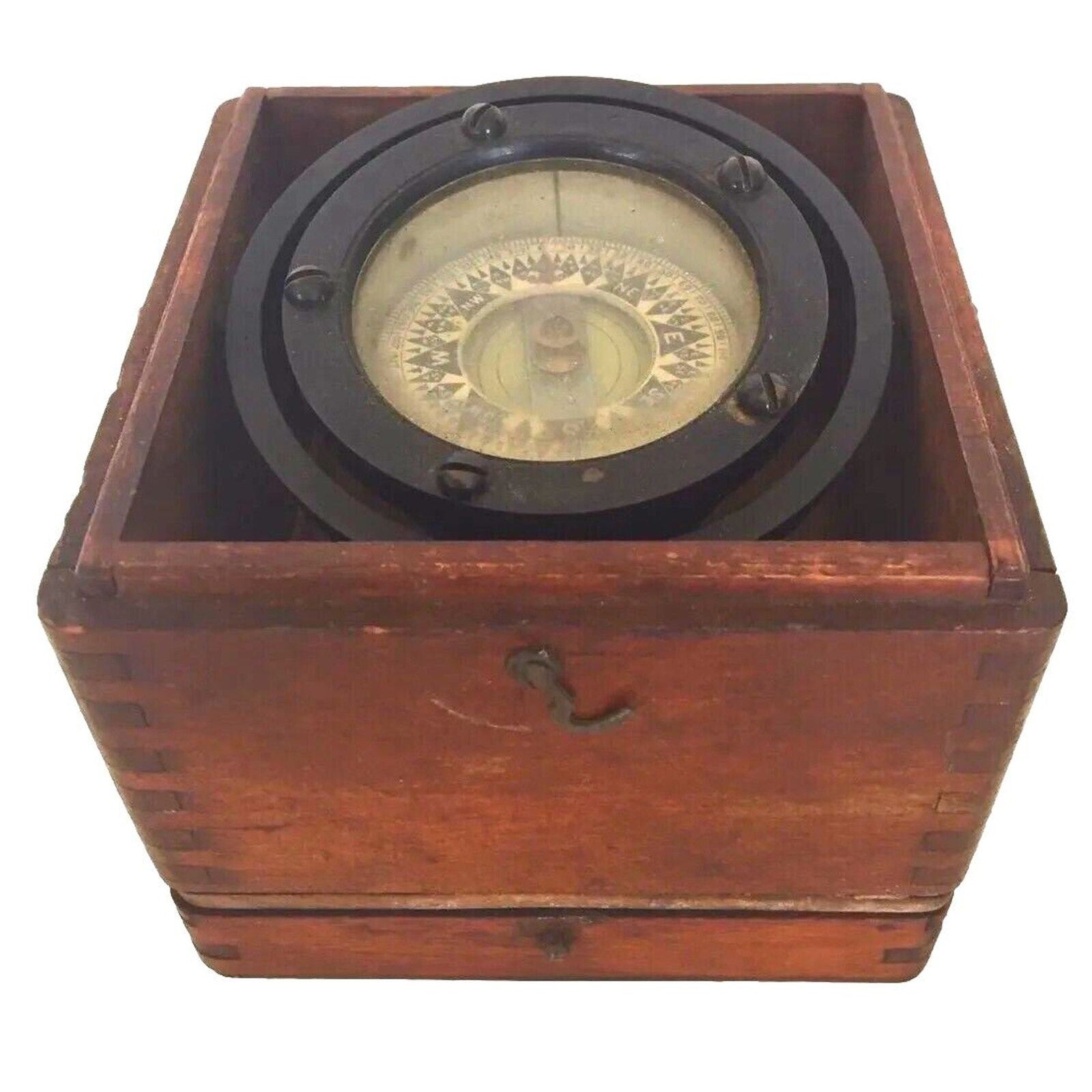 Antique Compass Usa Ship Maritime Nautical Wood Bronze Enamel