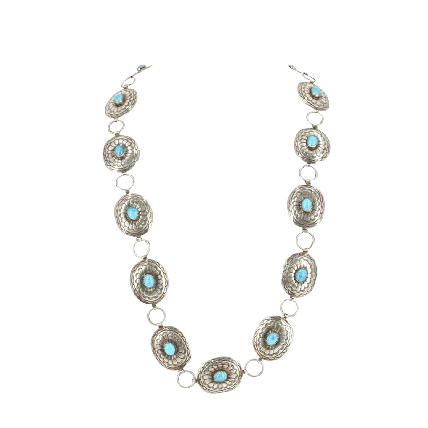 Belt Necklace Vintage Navajo Native Indian Oval Blue Turquoise Sterling Silver