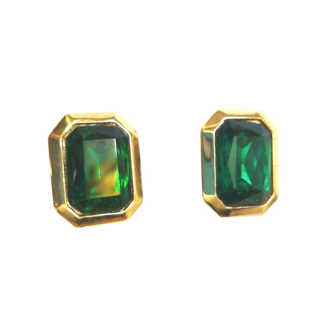 Vintage Cushion Cut Emerald Green Crystal Stud Earrings Yellow Gold Plated Clip