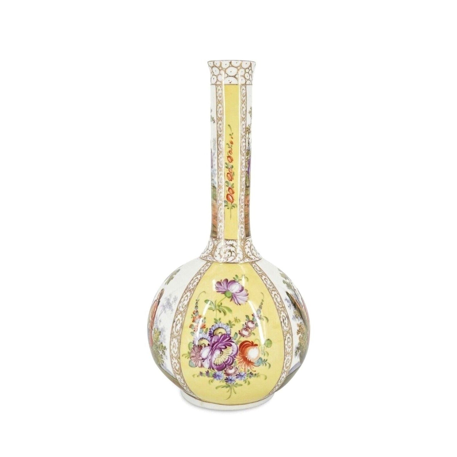 Antique Dresden Porcelain Vase white And Yellow Hand Painted 19c Germany