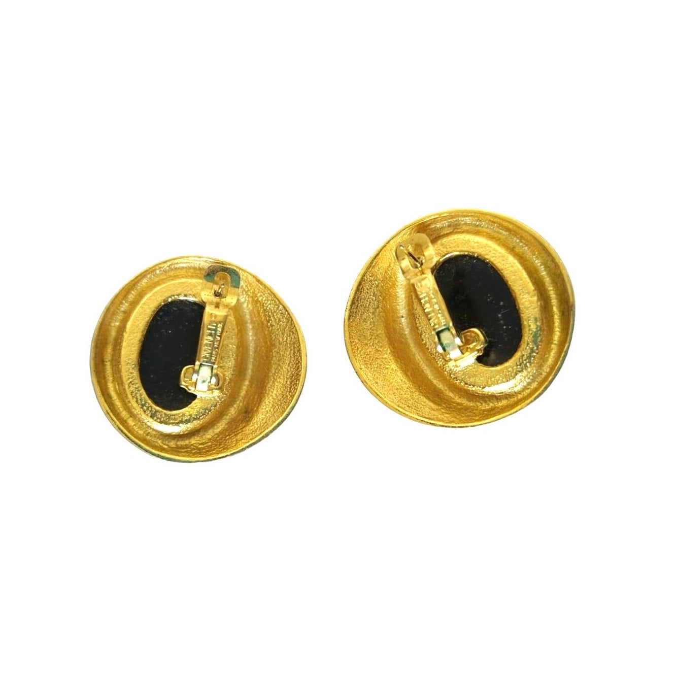 Vintage Givenchy Cabochon Oval Black Onyx Stud Earrings Yellow Gold Plated Clip