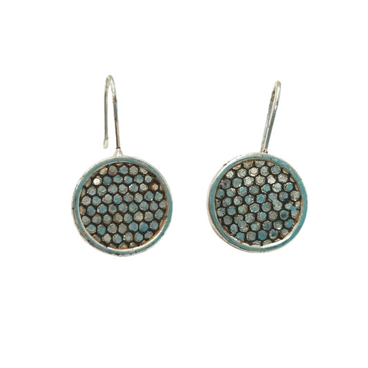 Vintage Polka Dots Circle Dangle Button Earrings Silver Tone Hooks