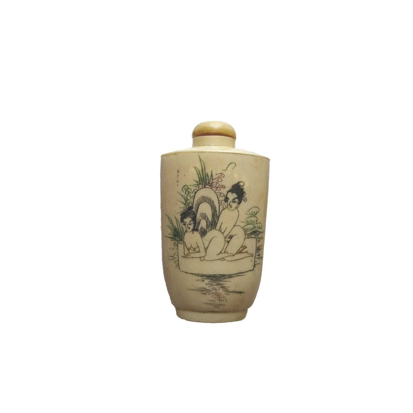 Antique Vintage Chinese Snuff Bottle With Scoop Beige Hand Painted