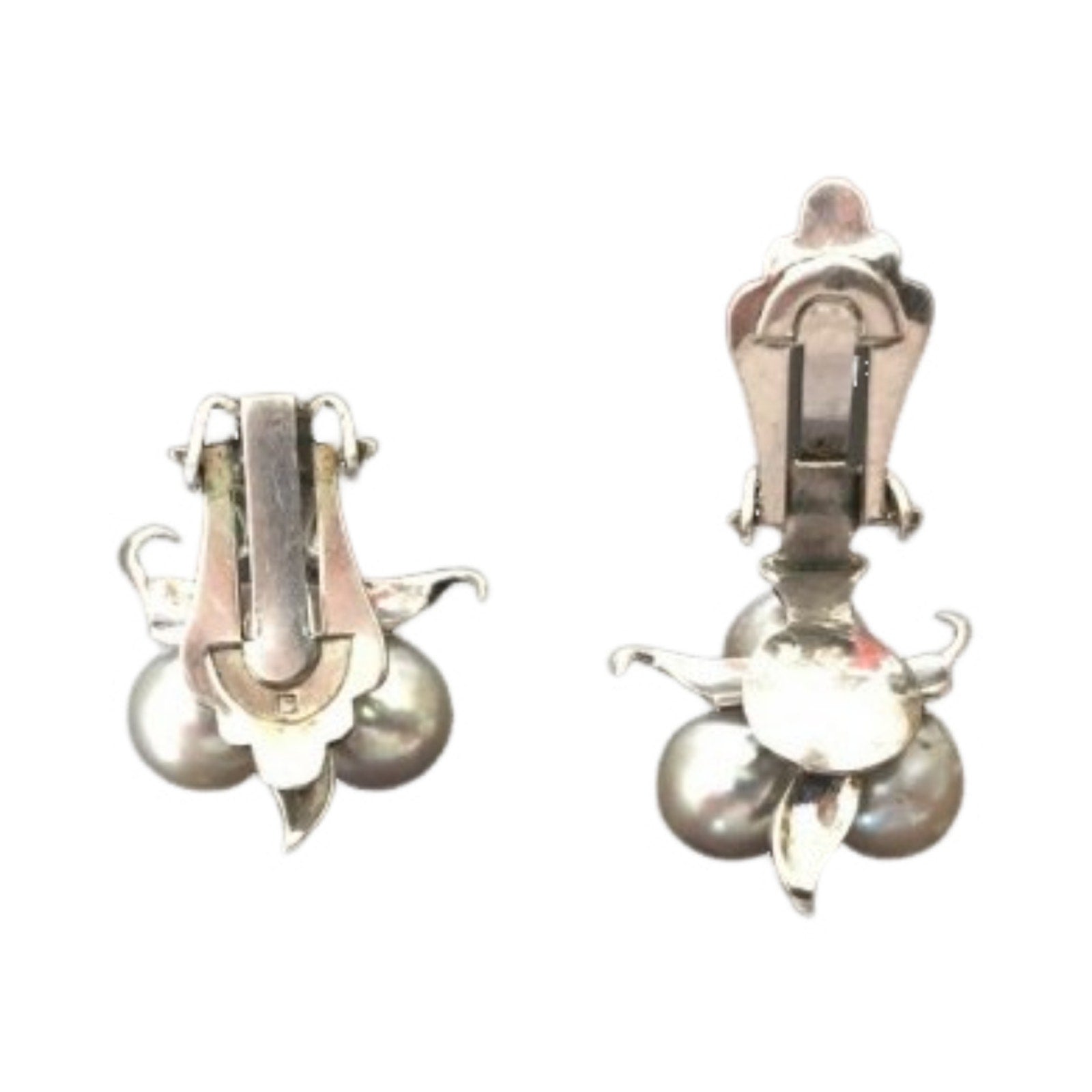 Antique Natural 3 Pearls Stud Earrings Sterling Silver 925 Clip On Designer