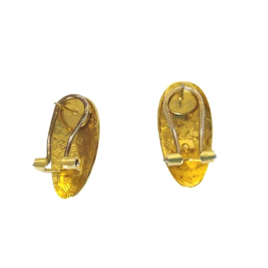 Vintage Red Flower Cloisonne Domed Stud Earrings Yellow Gold Plated Omega Clip