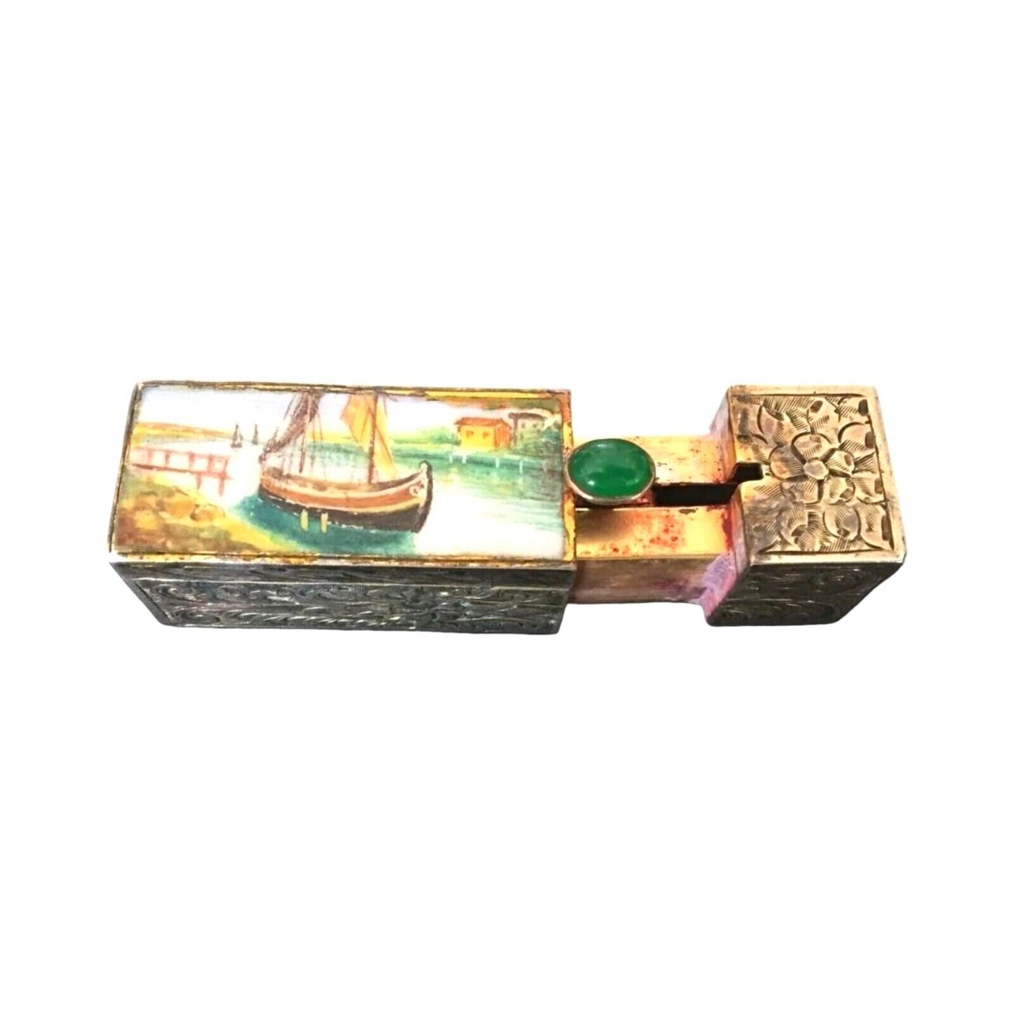 Antique Lipstick Case Cabochon Jade Repousse 800 Silver Enamel Boat Mirror