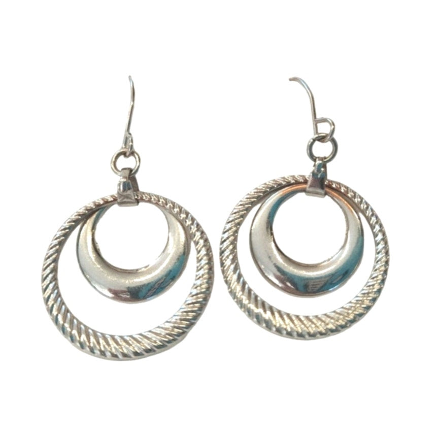Vintage Double Circle Dangle Earrings Sterling Silver Plated Hook