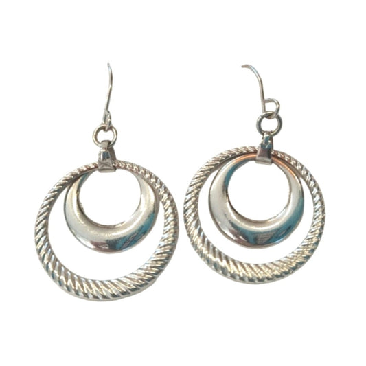 Vintage Double Circle Dangle Earrings Sterling Silver Plated Hook