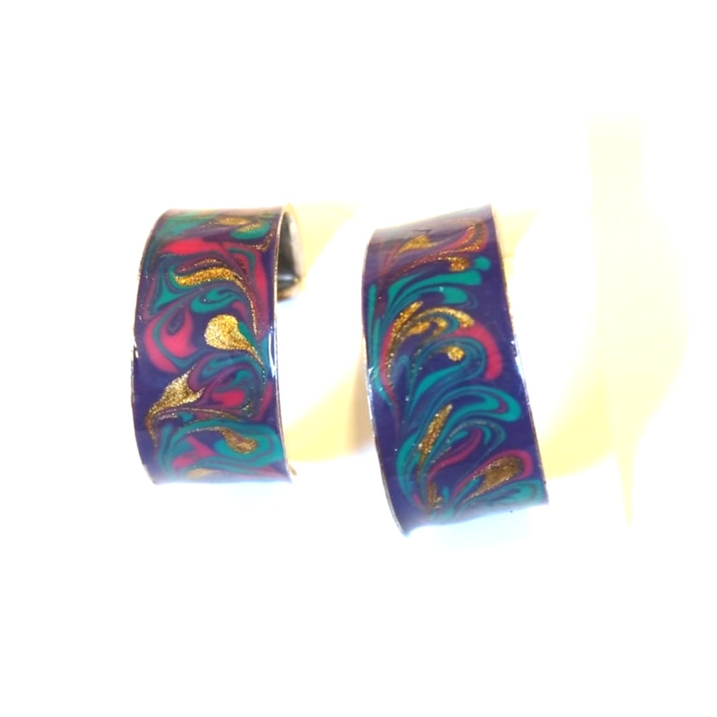 Vintage 80s Swirl Enamel C Hoop Earrings Half Hoops Studs Purple Green Gold