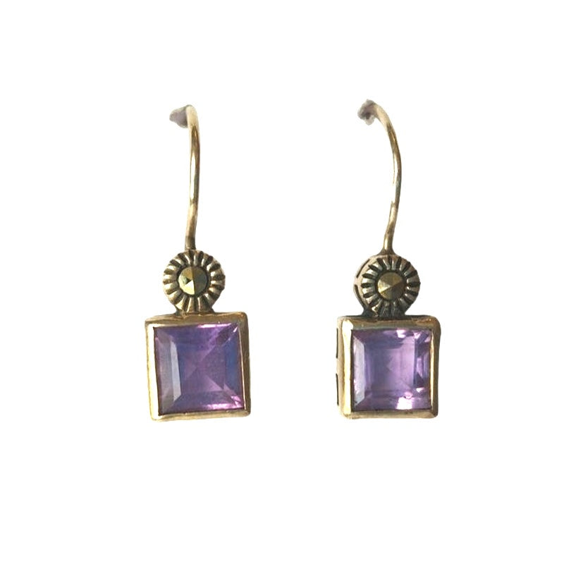 Princess Cut Amethyst Marcasite Dangle Earrings Sterling Silver 925 Signed SU