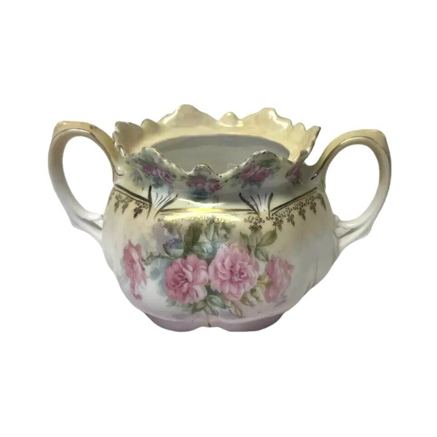 Antique RS Prussia Creamer Porcelain Two Handles Mold 506 Pink Roses C. 1890