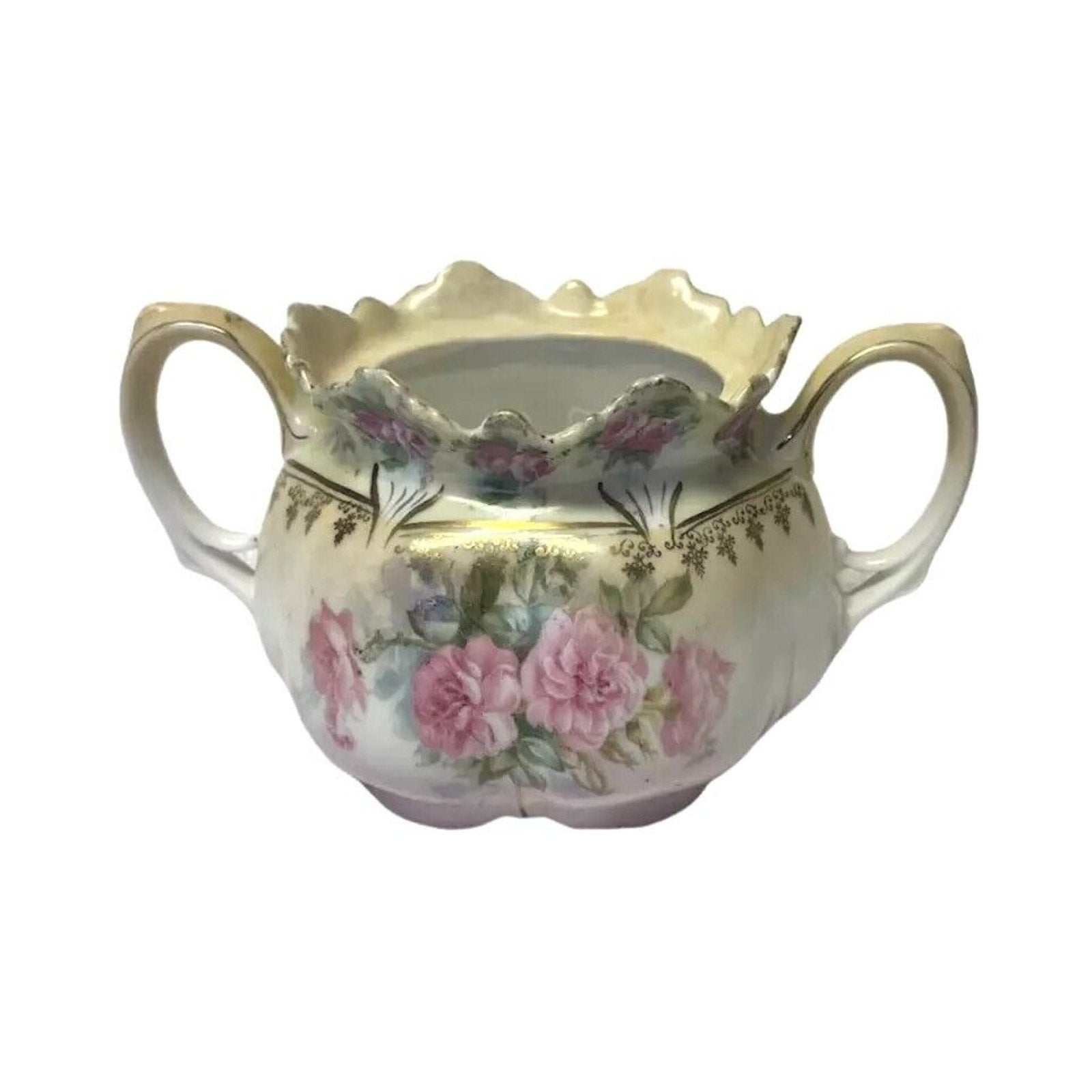 Antique RS Prussia Creamer Porcelain Two Handles Mold 506 Pink Roses C. 1890