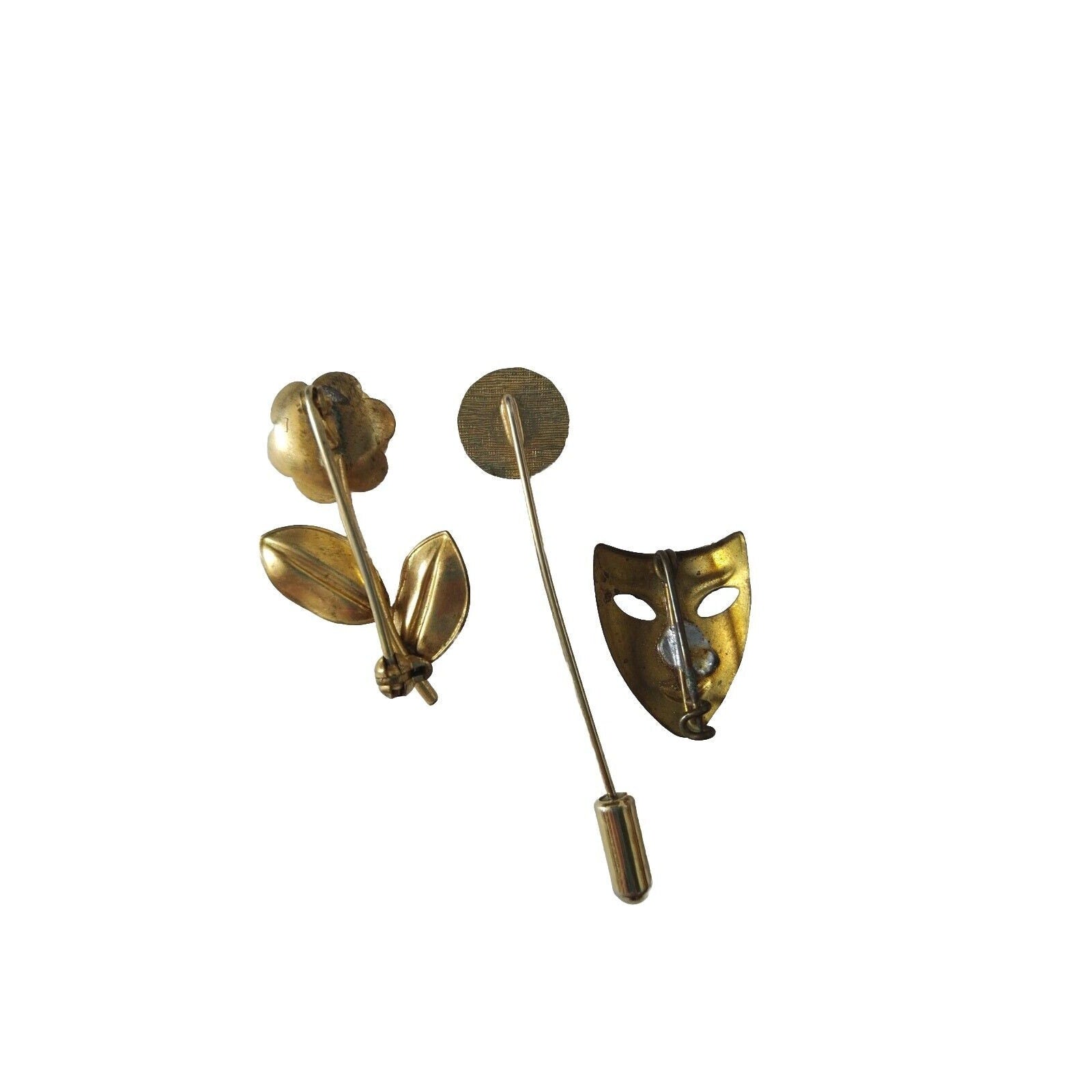 Lot Of 3 Antique Women's Brooch Lapel Pins Gold Tone Flower Mask Estate Jewelry