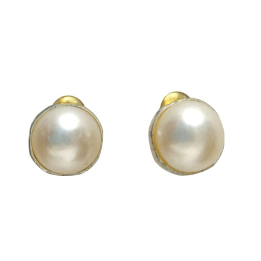 Vintage Faux Pearls Stud Earrings Yellow Gold Plated Clip On