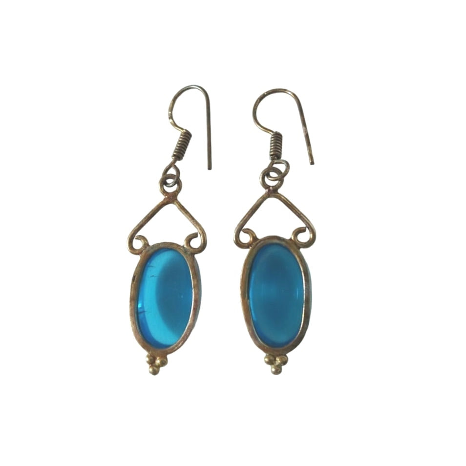 Vintage Oval Cut Blue Agate Dangle Earrings Sterling Silver 925 Hook