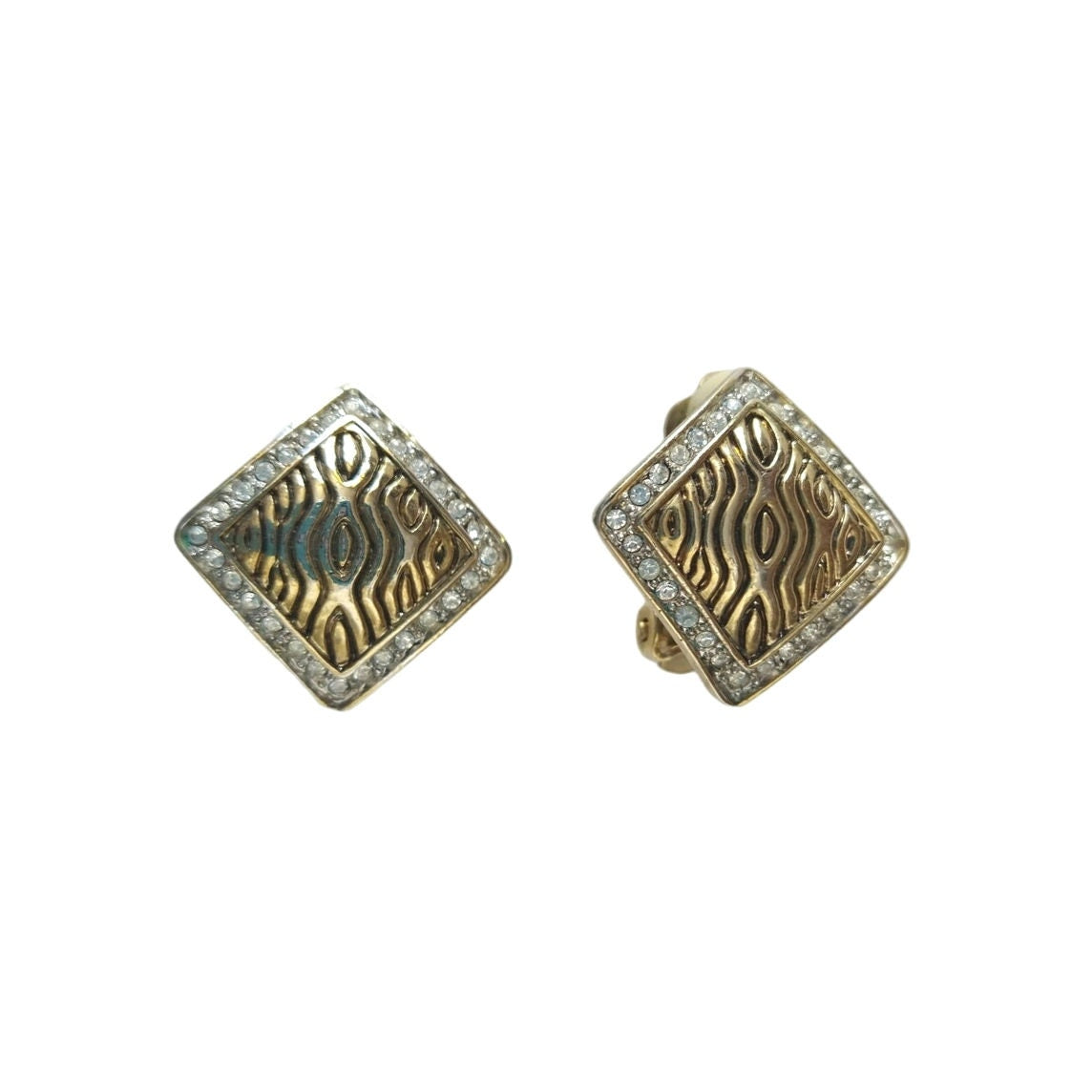 Vintage Women's Earrings Gold Plated Rhinestones Square Clip On Estate Jewelry
