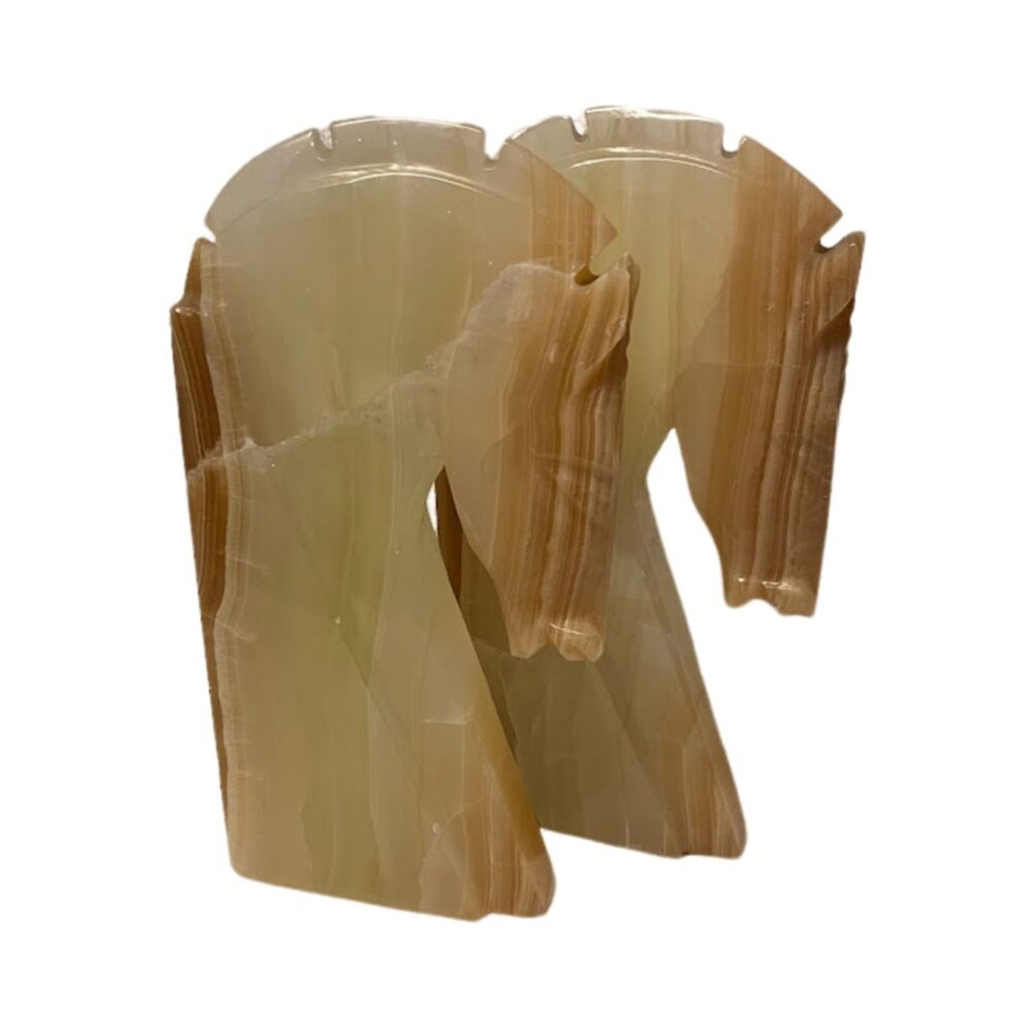 Antique Carved Onyx Horse Head Bookend Figure Paper Weight Yellow-Brown 10"H