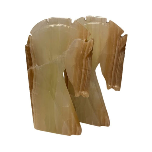 Antique Carved Onyx Horse Head Bookend Figure Paper Weight Yellow-Brown 10"H