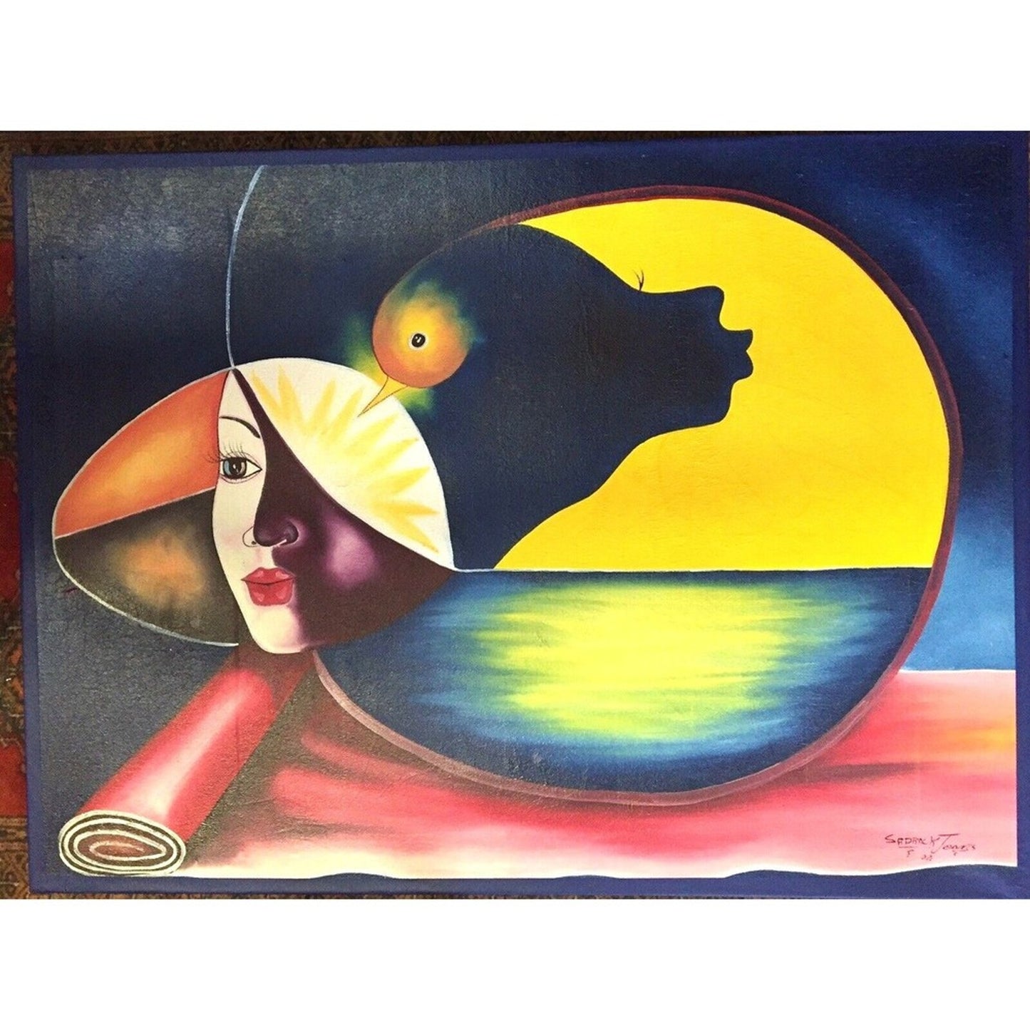 Painting Sandrack Jeans Abstract Romantic Mystical Haitian Oil Canvas Signed