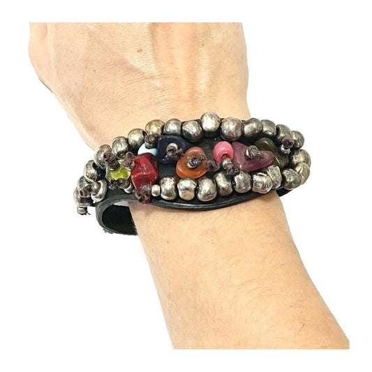 Uno De 50 Bracelet Gemstones Silver Beaded Brown Leather Unisex Men's Women's