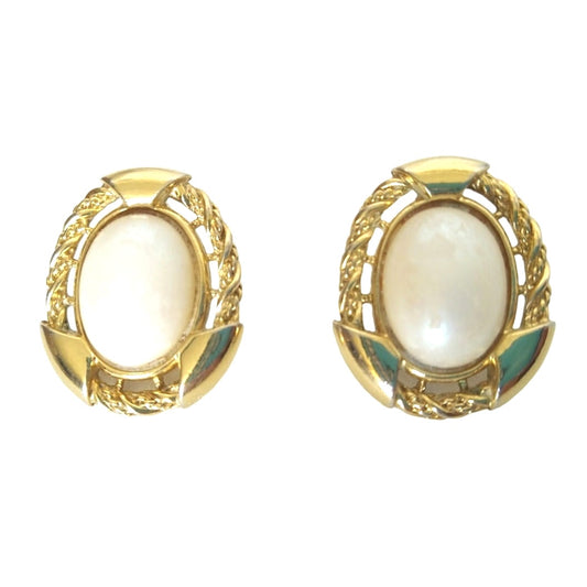 Vintage Oval Cabochon Faux Pearl Art Nouveau Stud Earrings Gold Plated Post