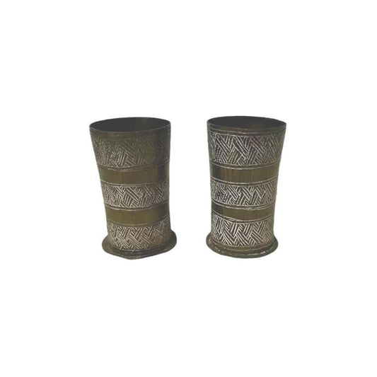 Set Of 2 Vintage Rare Drinking Shot Glass Chalice Hand Carved Copper India