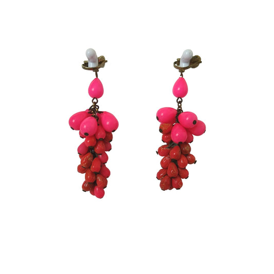 Vintage Red Pink Grape Beads Dangle Earrings Clip On '50s