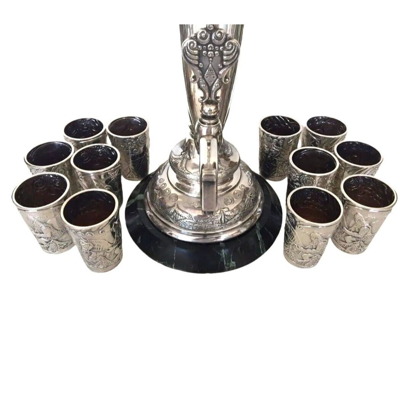 Antique Faberge Wine Horn Form Urn 12 Beakers Set 84 Silver Russian 1890s Set