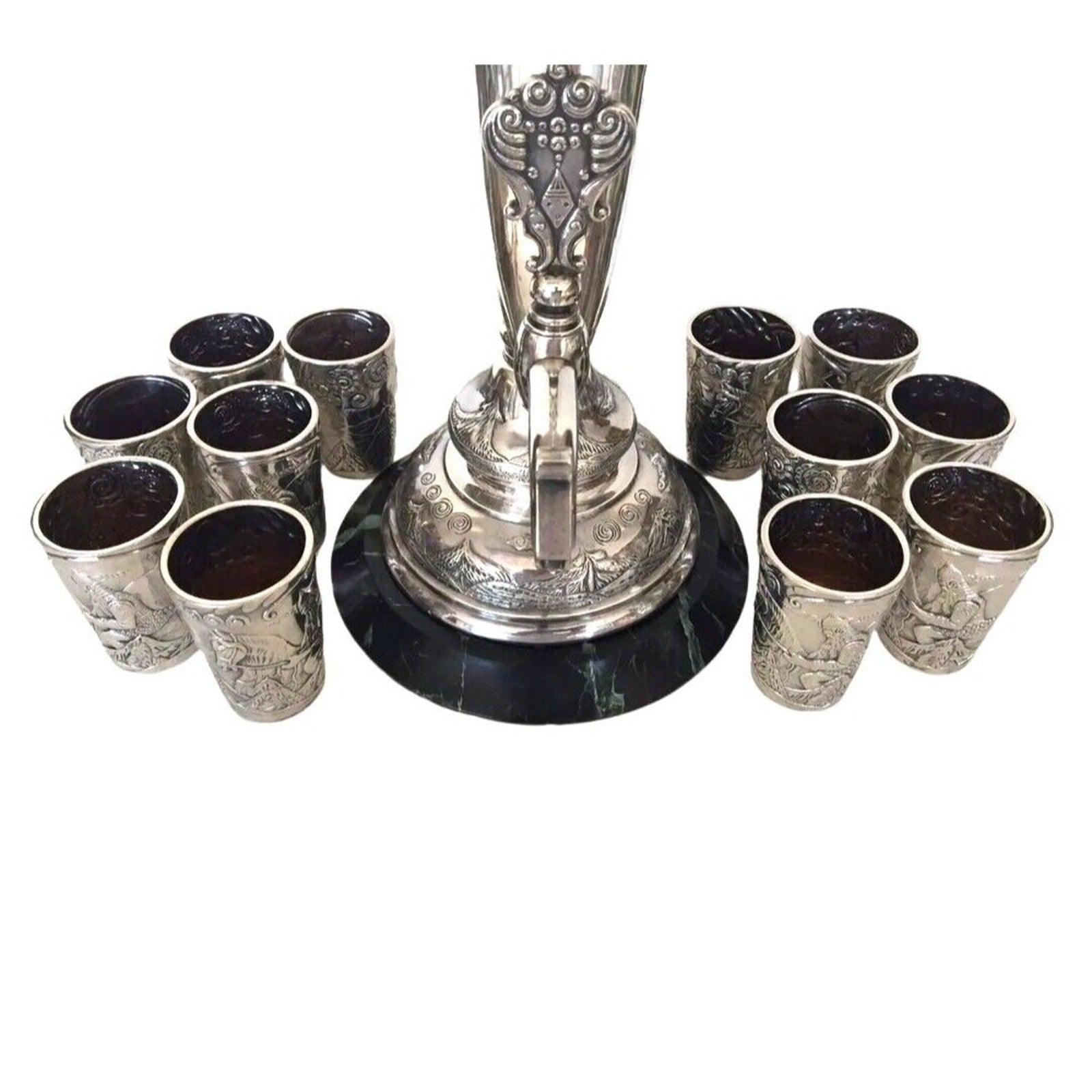 Antique Faberge Wine Horn Form Urn 12 Beakers Set 84 Silver Russian 1890s Set