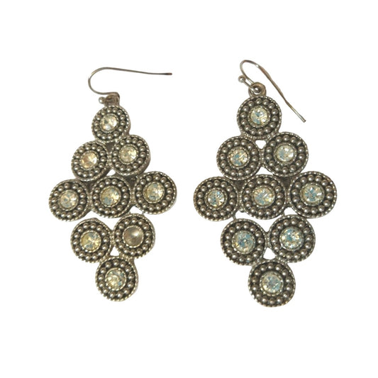 Vintage Round Cut Rhinestones Chandelier Dangle Earrings Silver Tone Hooks
