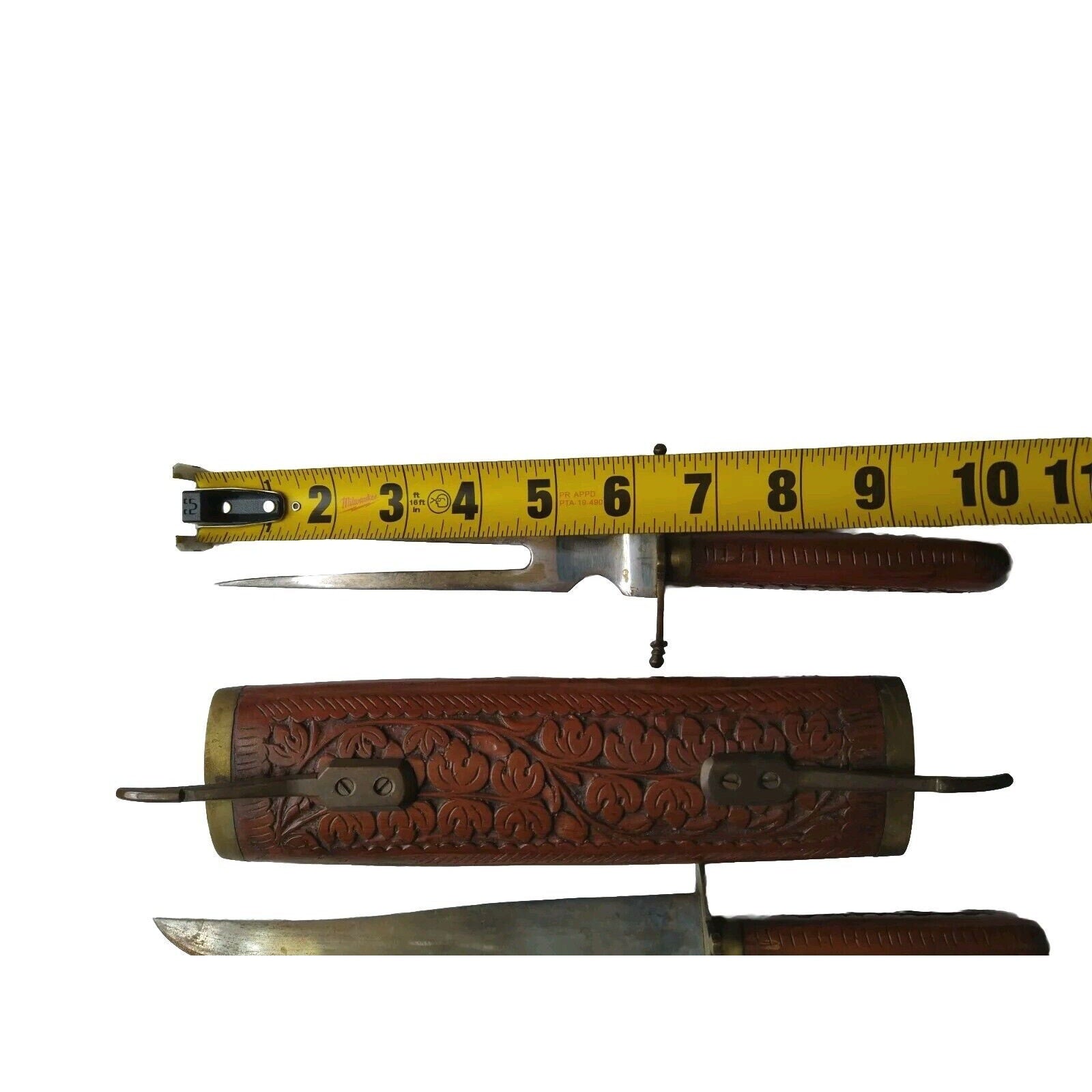 Vintage Serving Carving Knife Fork Carved Wood Handles Insert Stand Gorgeous