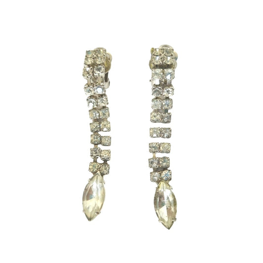 Vintage Marquise & Round Cut Rhinestone Dangle Drop Earrings Silver Tone Clip On