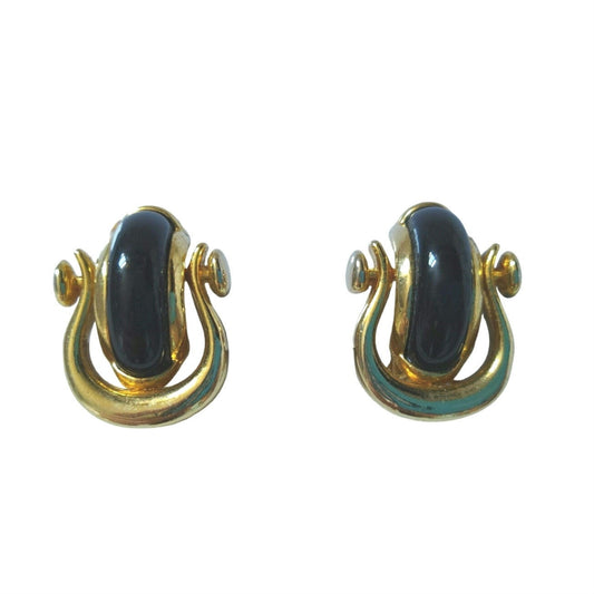 Vintage Black Lucite Door Knocker Clip On Earrings Gold Plated