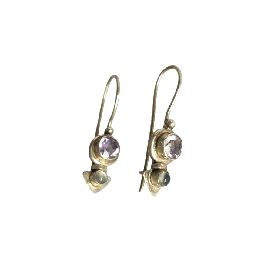 Art Deco Round Cut Amethyst & Moonstone Dangle Earrings Sterling Silver 925