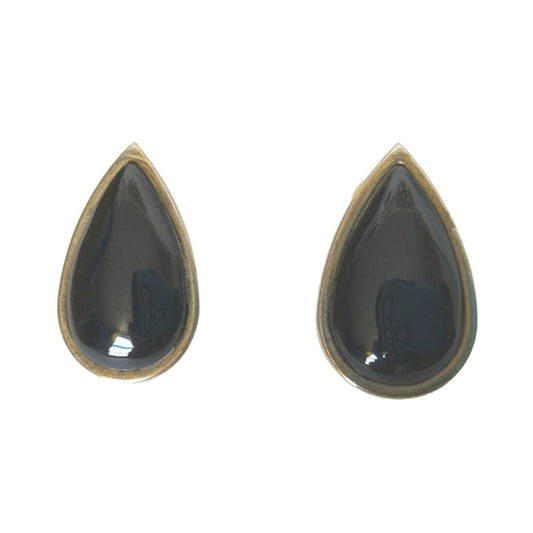 Vintage Pear Cut Black Onyx Stud Earrings Gold Tone Posts