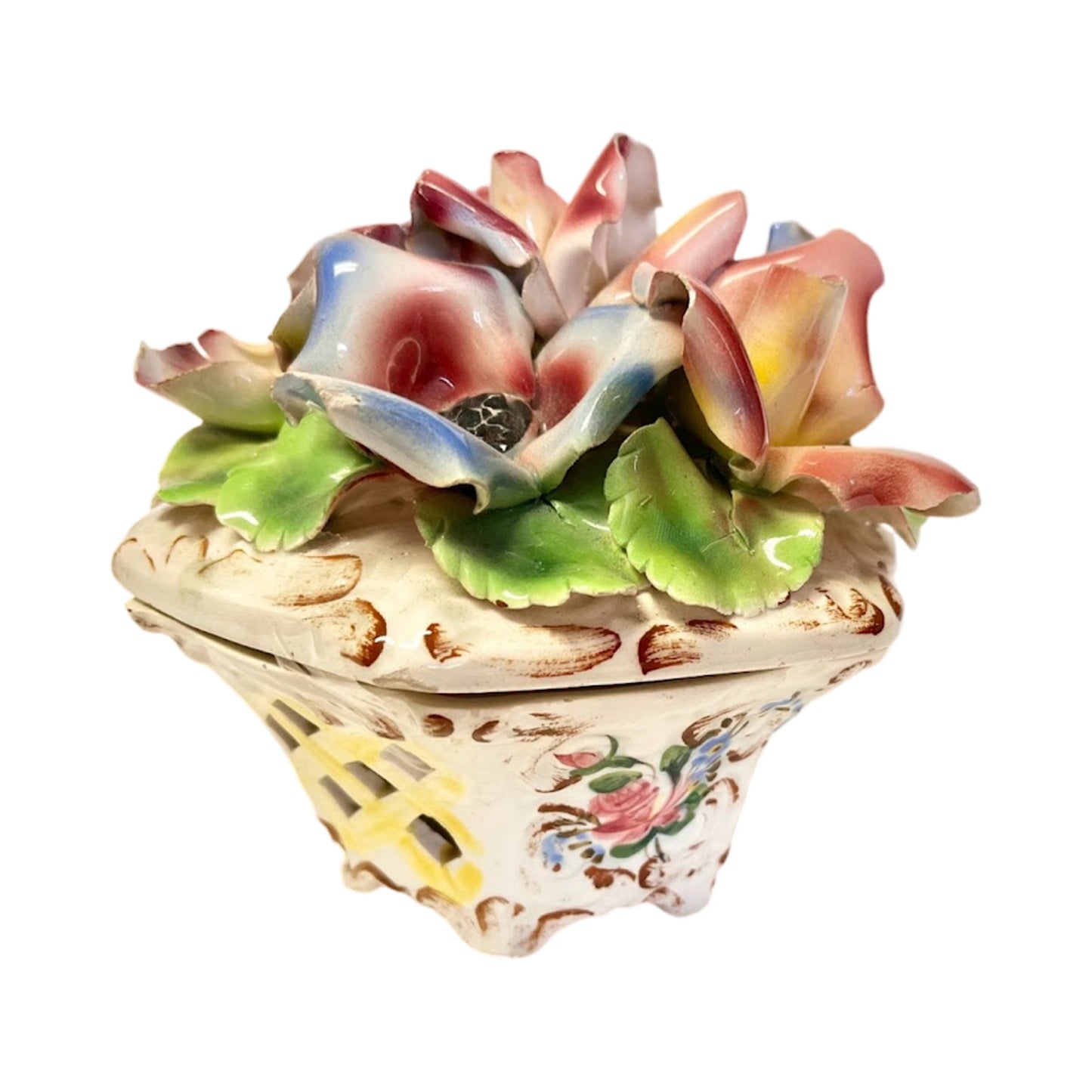 Vintage Italian Nigelle Floral Ceramic Trinket Box, 1950s Stamped Italy