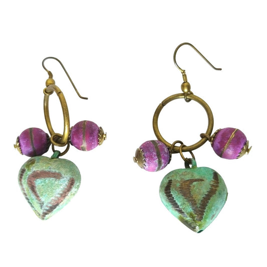 Vintage Boho Green Heart Purple Beads Dangle Earrings Brass Circle Hook