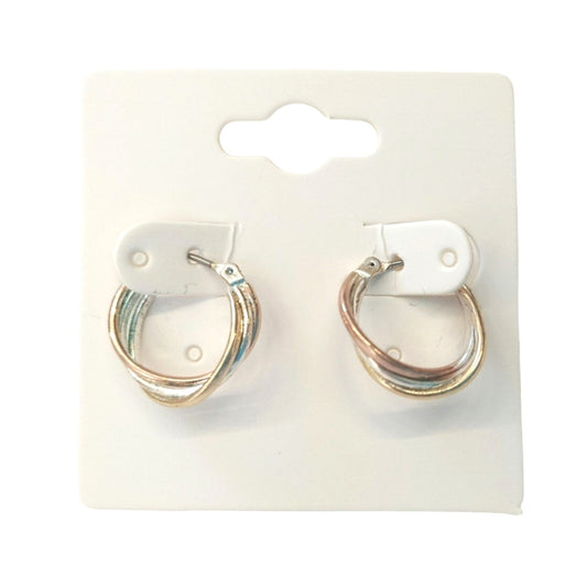 Vintage Rose Yellow Gold & Silver Triple Twist Hoop Earrings Hoops