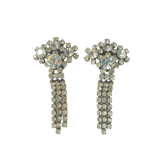 Vintage Clear Rhinestone Dangle Drop Earrings Clip On Silver Tone